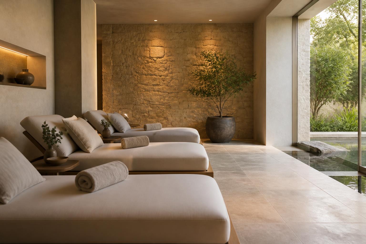 Serene spa lounge with soft neutral textiles and warm natural light.