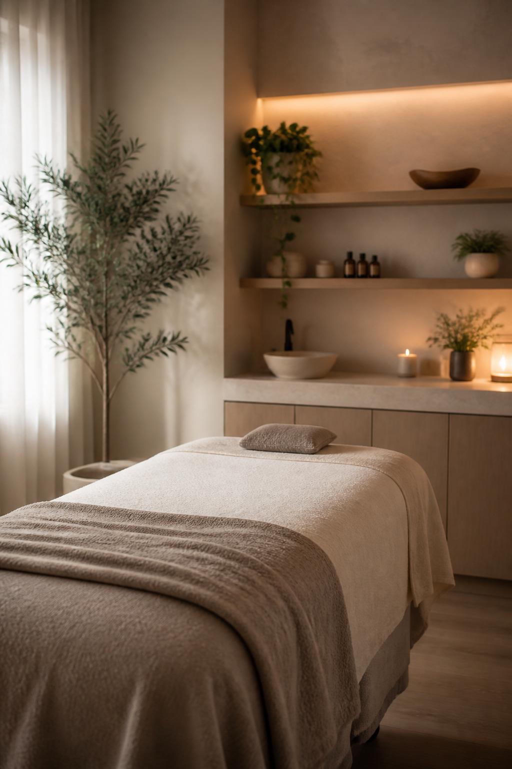 Inviting spa treatment room with natural light and warm neutral decor.